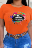 Оранжевый Плюс размер Street Lips Печатные лоскутные футболки с круглым вырезом