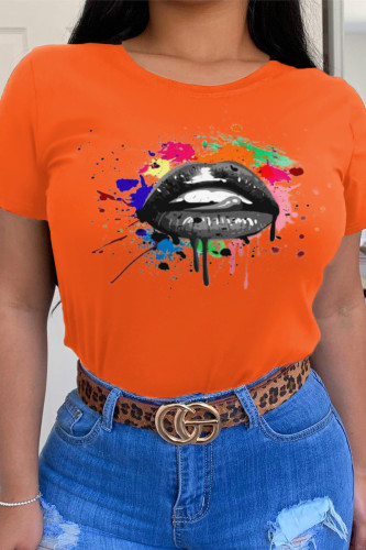 Orange Plus Size Street Lips Printed Split Joint O Neck T-Shirts