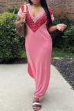 Розовое модное повседневное платье с разрезом и V-образным вырезом с коротким рукавом