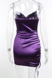 Purple Sexy Solid Patchwork Draw String Chains Fold Spaghetti Strap One Step Skirt Dresses