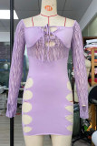 Robes jupe crayon licou sexy en patchwork ajouré solide violet