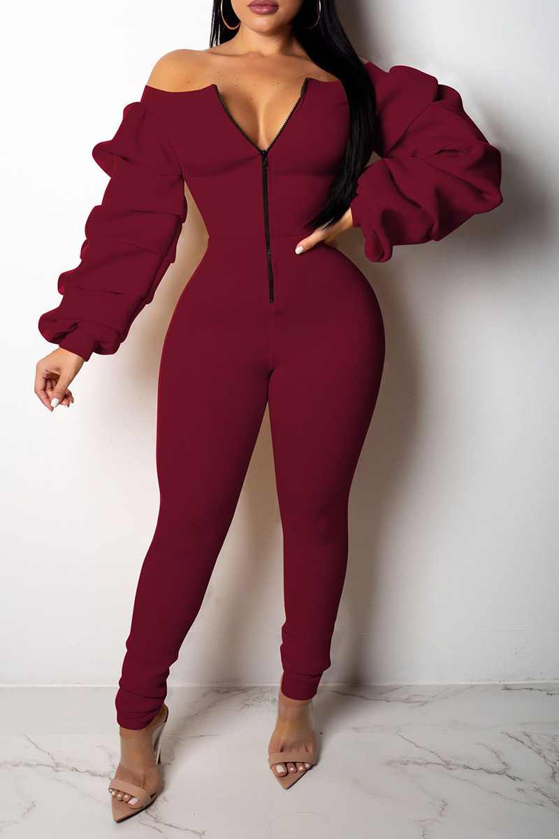 

Burgundy Sexy Solid Split Joint Zipper Collar Skinny Jumpsuits