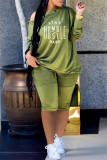 Зеленый модный повседневный принт с основным косым воротником и длинным рукавом из двух частей