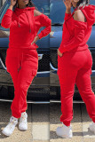 Красный Повседневная спортивная одежда Однотонный Выдалбливают Пэчворк Воротник с капюшоном Длинный рукав Две части