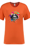 Orange Plus Size Street Lips Printed Patchwork O Neck T-Shirts
