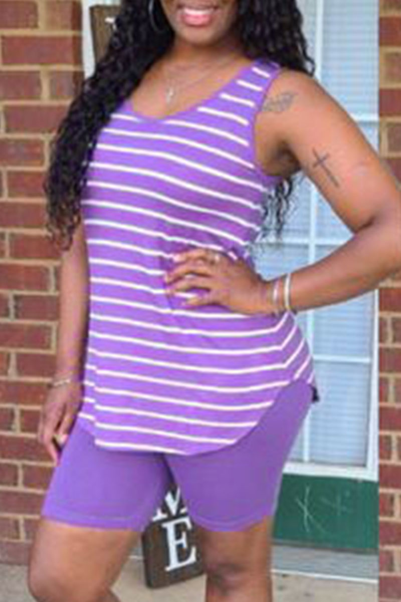 

Purple Fashion Casual Striped Print Vests O Neck Sleeveless Two Pieces