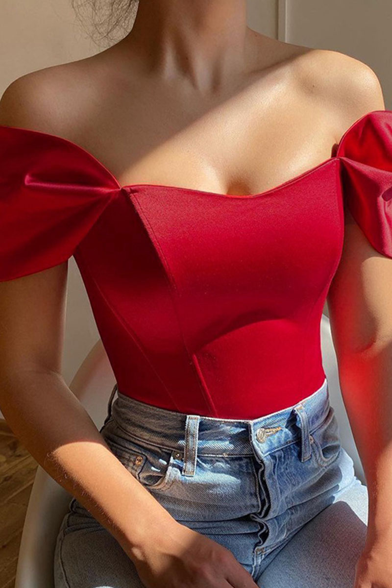 

Burgundy Sexy Solid Split Joint Asymmetrical Off the Shoulder Tops