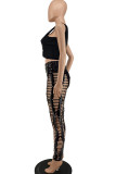 Black Sexy Solid Rivets Hollowed Out Patchwork U Neck Sleeveless Two Pieces