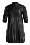 Black Fashion Casual Solid Mandarin Collar A Line Plus Size Dresses