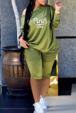 グリーンファッションカジュアルレタープリントベーシック斜め襟長袖ツーピース