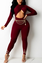 Burgundy Sexy Solid Hollowed Out Split Joint Asymmetrical Regular Jumpsuits (Without Belt)