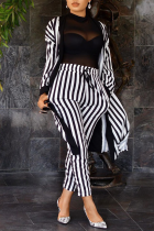 Black And White Casual Striped Patchwork Cardigan Collar Long Sleeve Two Pieces