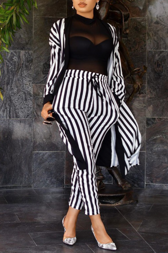 Black And White Casual Striped Patchwork Cardigan Collar Long Sleeve Two Pieces