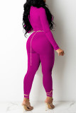 Rose Red Sexy Solid Hollowed Out Patchwork Asymmetrical Regular Jumpsuits (Without Belt)