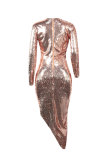 Rosa Mode Sexiga Patchwork Paljetter Asymmetriska V-hals långärmade klänningar