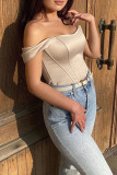 Apricot Sexy Solid Patchwork Asymmetrical Off the Shoulder Tops