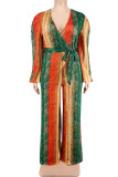 Red Green Casual Striped Print Bandage Patchwork V Neck Plus Size Jumpsuits