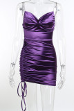 Purple Sexy Solid Patchwork Draw String Chains Fold Spaghetti Strap One Step Skirt Dresses