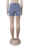 Blue Fashion Casual Solid Ripped Mid Waist Regular Denim Shorts