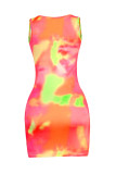 Цветное сексуальное повседневное платье с принтом Tie Dye Ripped U-образным вырезом и жилетом