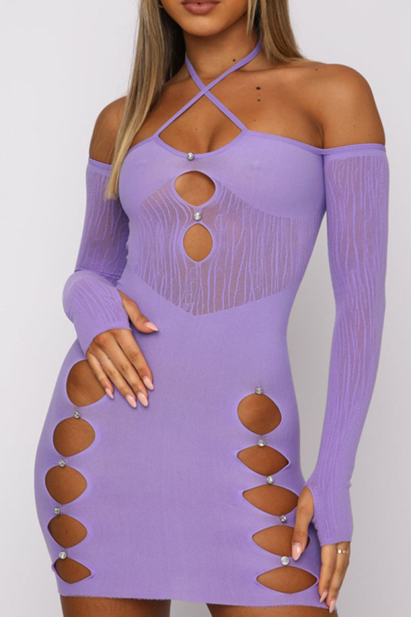Фиолетовые сексуальные однотонные ажурные лоскутные платья-юбка-карандаш с лямкой на шее