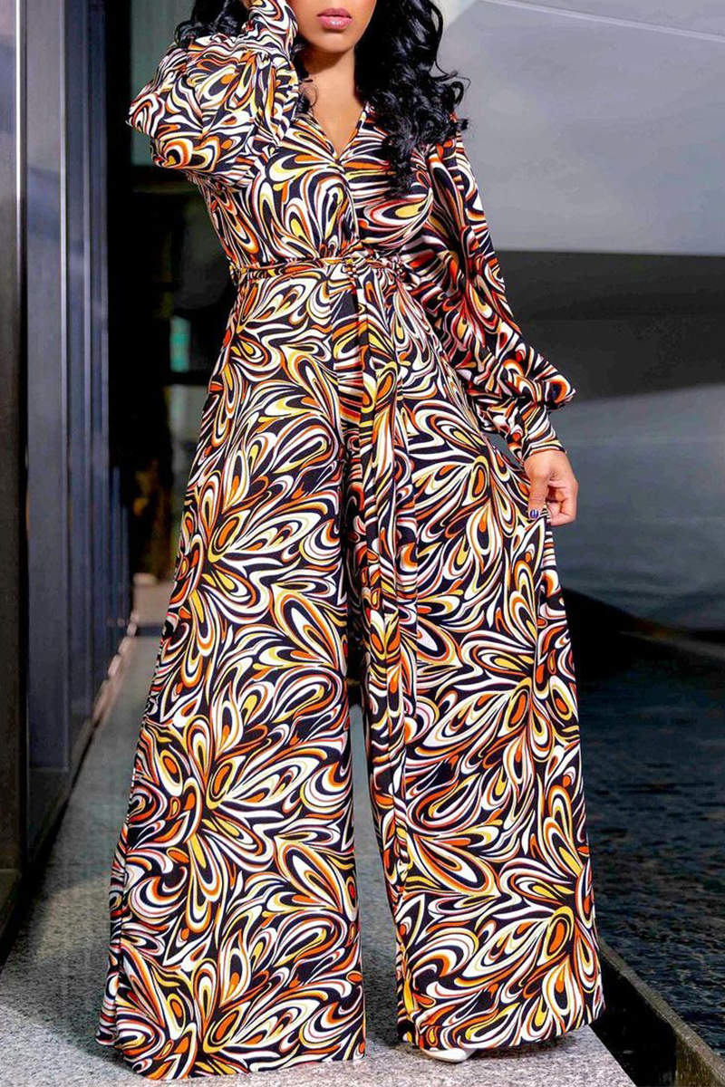 

Orange Apricot Casual Print Split Joint Turndown Collar Straight Jumpsuits