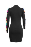 Black Fashion Sexy Print Basic Zipper Collar Long Sleeve Dresses