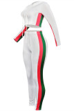 White Casual Sportswear Striped Patchwork Hooded Collar Long Sleeve Two Pieces