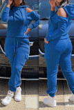 Blauwe casual sportkleding effen uitgehold patchwork kraag met capuchon en lange mouwen twee stukken