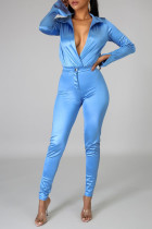 Blue Casual Solid Split Joint V Neck Long Sleeve Two Pieces
