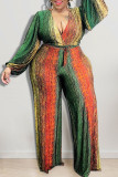 Red Green Casual Striped Print Bandage Patchwork V Neck Plus Size Jumpsuits