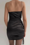 Black Sexy Solid Patchwork Draw String Chains Fold Spaghetti Strap One Step Skirt Dresses
