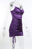 Violet Sexy Solid Patchwork Draw String Chains Fold Spaghetti Strap One Step Jupe Robes