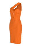 Оранжевое модное сексуальное однотонное лоскутное платье с открытой спиной на одно плечо и без рукавов платья