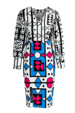 Yellow Blue Fashion Casual Print Patchwork V Neck Long Sleeve Dresses