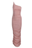 Vestido sin mangas de un hombro con pliegues sin espalda sólido sexy de moda rosa Vestidos