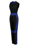 Macacão skinny casual esportivo azul royal patchwork básico com gola com zíper
