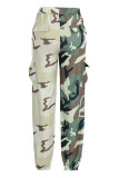Grüne, modische, lässige Camouflage-Print-Patchwork-Hose mit normaler hoher Taille