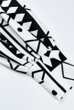 Black White Fashion Casual Print Patchwork V Neck Long Sleeve Dresses