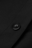 Черное модное повседневное однотонное платье-рубашка с отложным воротником и длинным рукавом с разрезом