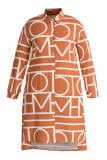 Orange Fashion Casual Plus Size Print Basic Hemdkleid mit Umlegekragen