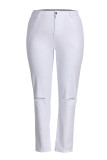 ホワイトファッションカジュアルソリッドリップドプラスサイズジーンズ