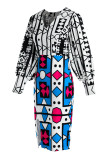 イエロー ブルー ファッション カジュアル プリント パッチワーク V ネック ロング スリーブ ドレス