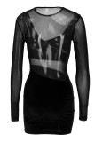 Schwarze Mode Sexy Patchwork durchsichtige Langarm-Kleider mit O-Ausschnitt