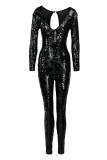 Macacão preto moda sexy patchwork de lantejoulas com decote em V plus size