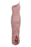 ピンク ファッション セクシー ソリッド バックレス フォールド ワンショルダー ノースリーブ ドレス ドレス