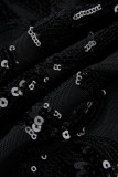 Macacão preto moda sexy patchwork de lantejoulas com decote em V plus size
