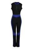 Royal Blue Casual Sportswear Patchwork Basic Skinny Jumpsuits met Ritskraag