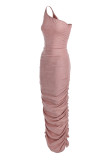 ピンク ファッション セクシー ソリッド バックレス フォールド ワンショルダー ノースリーブ ドレス ドレス