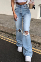 Baby Blue Casual Street Patchwork High Waist Boot Cut Flare Leg Ripped Denim Jeans